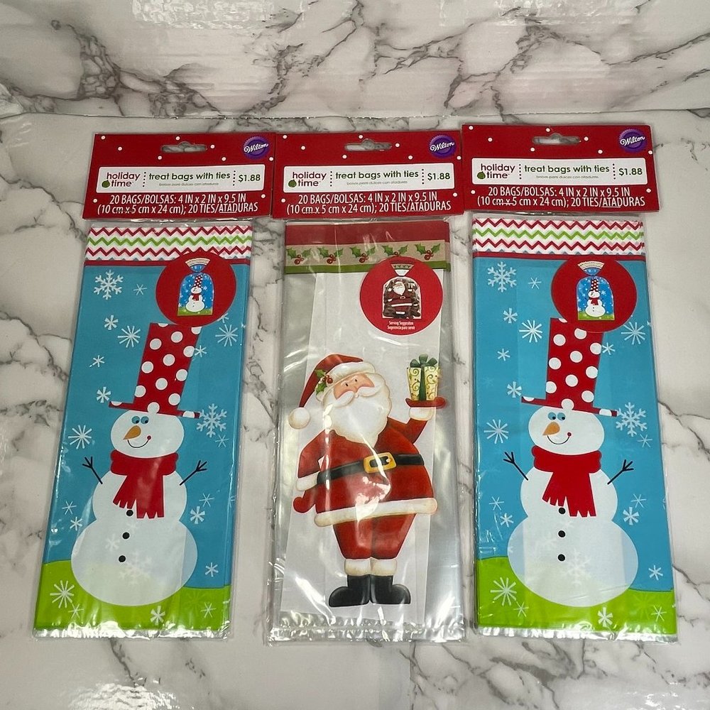 Lot of 3 Christmas Winter 20 Pk 4"x9.5" Cello Treat Bags Gift Bag Sacks Ties NEW